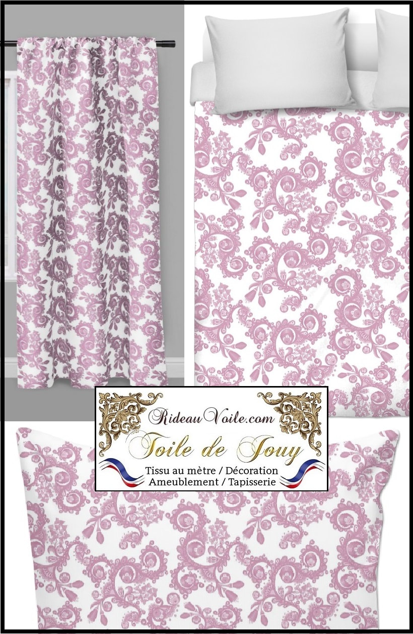Rideau couette imprimé fleurs, motif floral, fleuri. Toile de Jouy sur mesure. Décoration d'intérieure sur mesure haut gamme luxe tapisserie fauteuil.