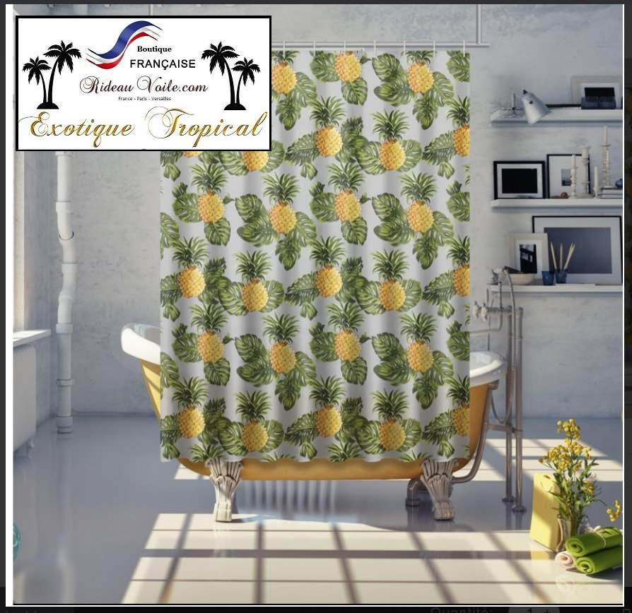 Tissu ameublement vendu au mètre tropical motif exotique. Imprimé fleurs, feuilles, plante, oiseaux, palmier, fruit, ananas. Rideau couette tableau.