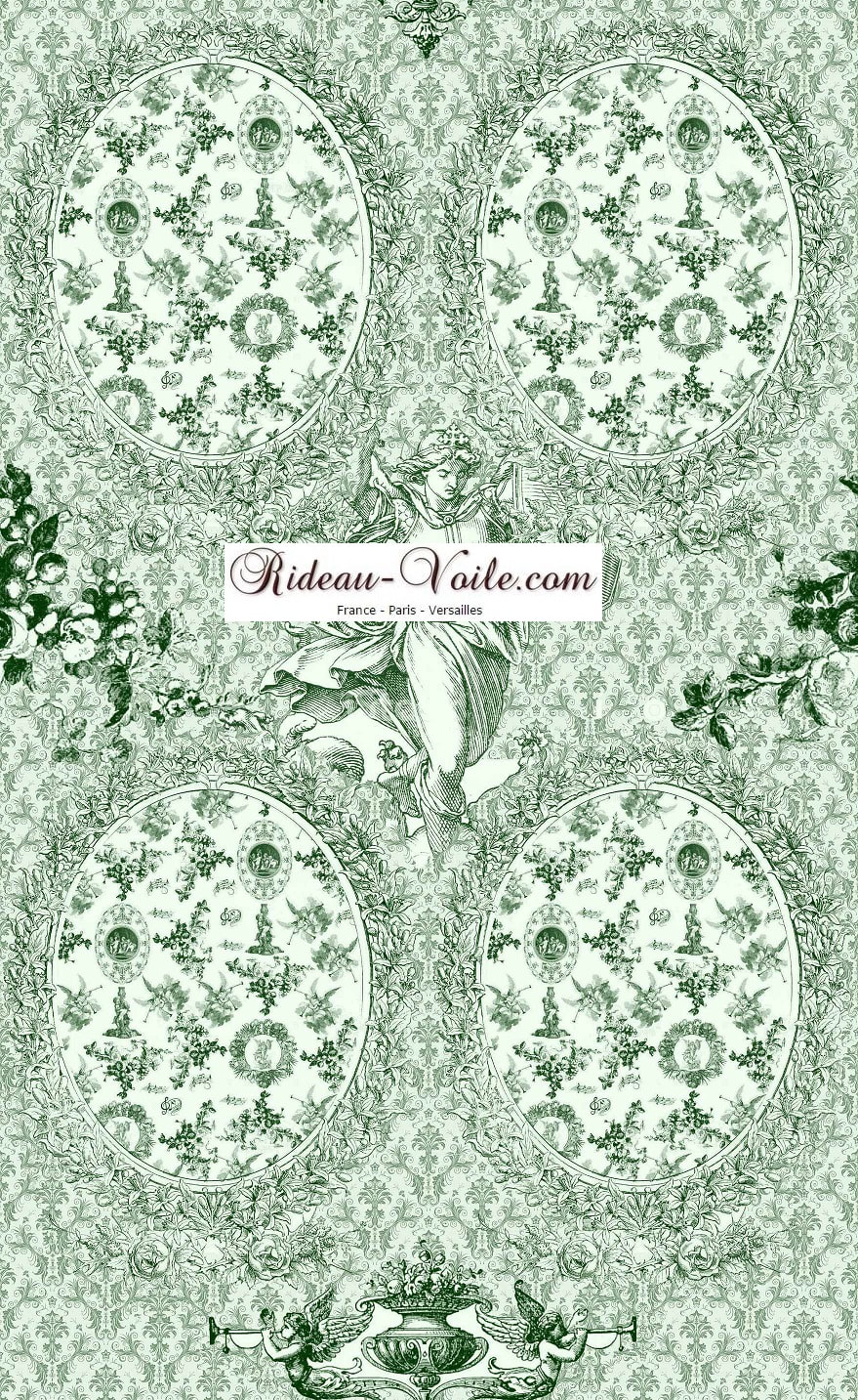 Toile de Jouy tissu ameublement motif imprimé décoration tapisserie au mètre confection sur mesure vert