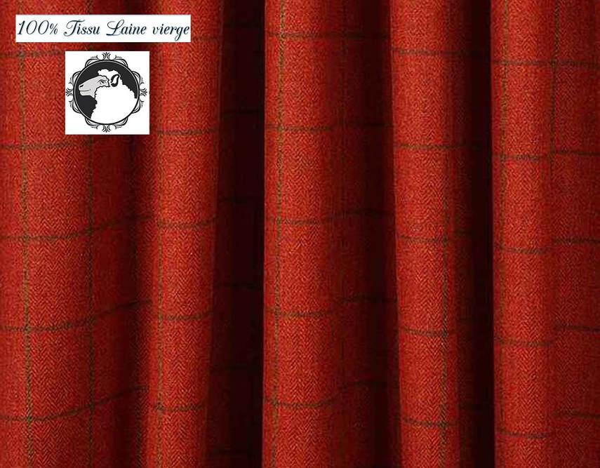 tissu motif à carreaux 100 % laine vierge check wool fabric meter mètre rideau plaid housse coussin ameublement décoration tapisserie boutique Paris rouge