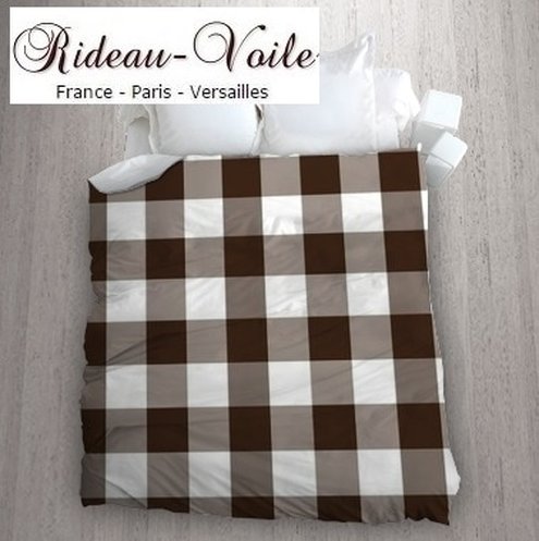 marron chocolat motif housse de couette tissu ameublement lit linge carreaux vichy blanc sur mesure au mètre