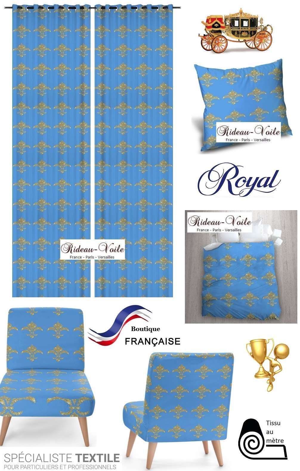 emblème royal fauteuil siège rideau coussin tapisserie garnissage décoration décorateur style Empire fleur de lys or bleu déco luxe Paris Versailles Quebec paillette