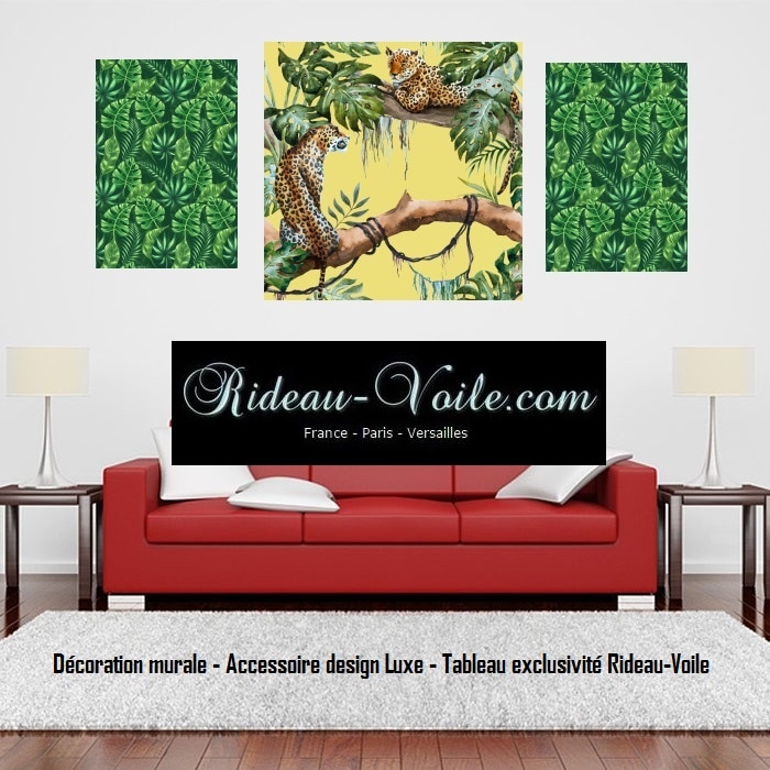 décoration mur tableau verre toile feuillage vert bambou branche arbre savane afrique léopard paysage perroquet tissu motif style exotique tropical plantes imprimé ameublement exotique tropical