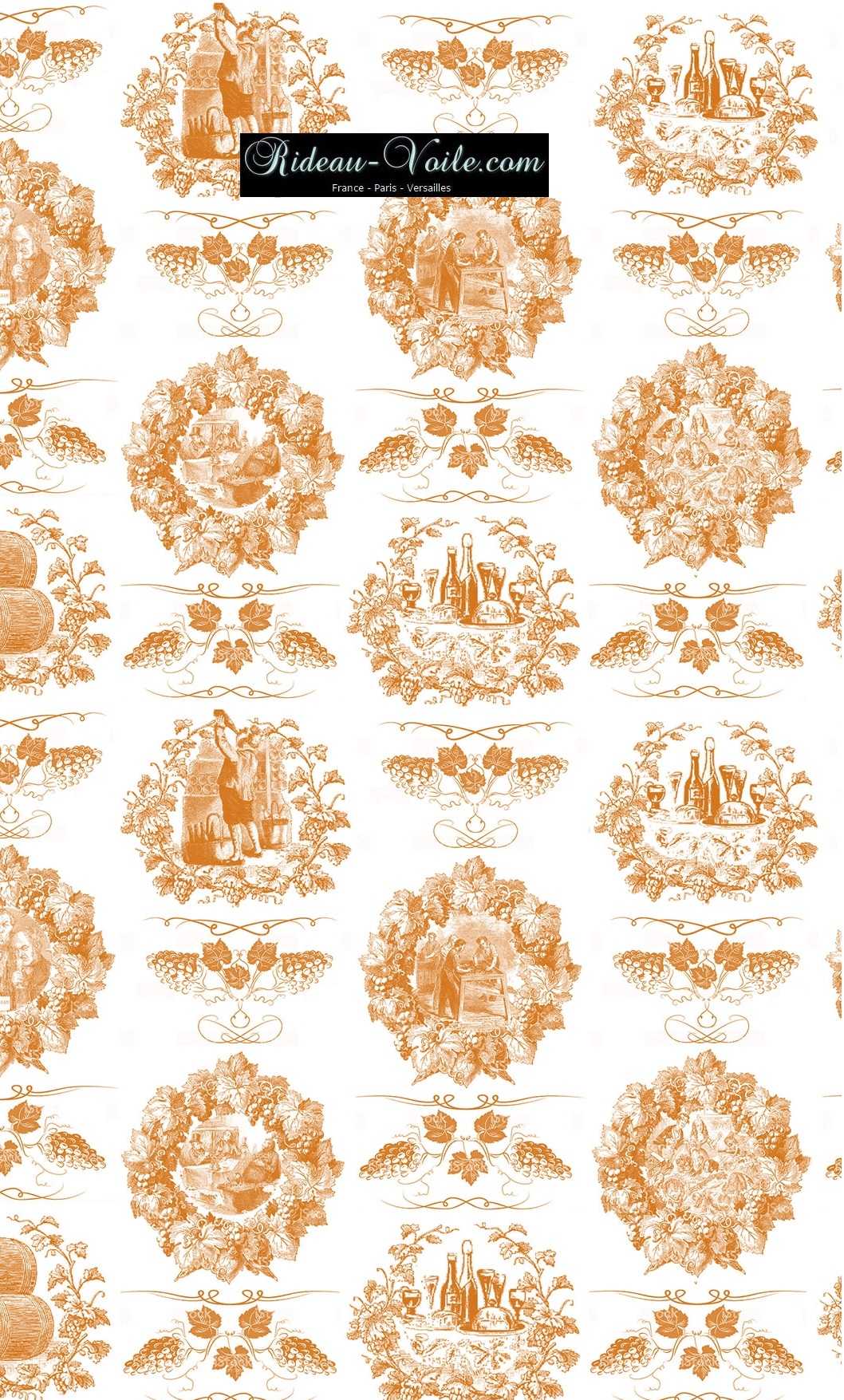 Toile de Jouy Empire style orange tissu au mètre ameublement décoration motifs toile de jouy authentique imprimé grappes de raisin vigne vin Grand cru classé millésime Paris Versailles design fleuri floral tapisserie luxe Monaco Nice fabrics pattern french tapestry orange