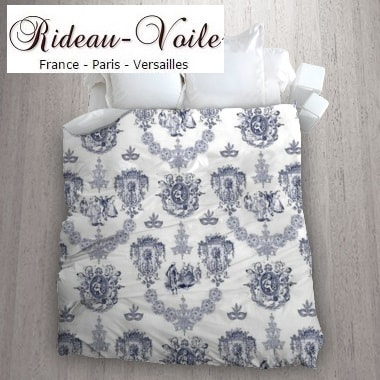 bleu housse de couette tissu imprimé Toile de Jouy linge de maison accessoire literie sur mesure haut gamme Paris Versailles en ligne au mètre