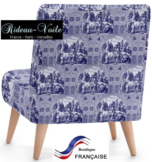 Toile de jouy bleu tissu motif imprimé ameublement décoration tapisserie meuble de maison fauteuil d'appoint velours ignifugé