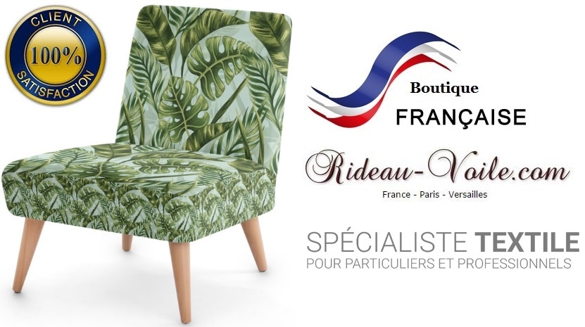 fauteuil siège tapisserie tissu ameublement tapissier tapisserie canapé style exotique tropical feuille palmier bleu vert