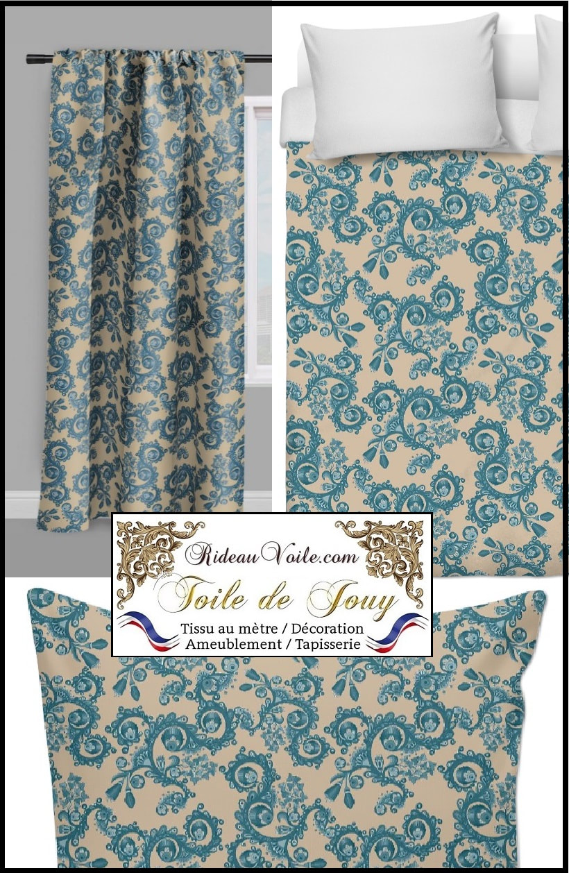 Rideau couette imprimé fleurs, motif floral, fleuri. Toile de Jouy sur mesure. Décoration d'intérieure sur mesure haut gamme luxe tapisserie fauteuil.