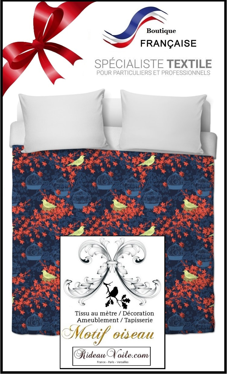 tissu housse de couette coton percale imprimé motif oiseau oiseaux fleur fleurs décoration chambre linge maison lit literie sur mesure comment achat boutique mètre