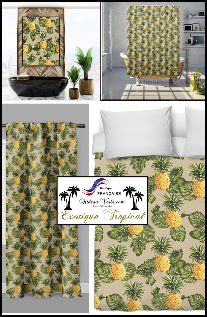 Tissu ameublement vendu au mètre tropical motif exotique. Imprimé fleurs, feuilles, plante, oiseaux, palmier, fruit, ananas. Rideau couette tableau.