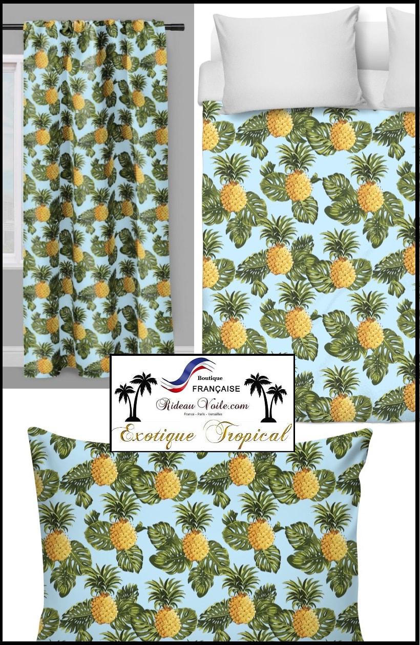 bleu vert palmier tissu textile au mètre boutique en ligne Paris France Versaille motif imprimé exotique tropical ethnique fleur plante oiseau feuille