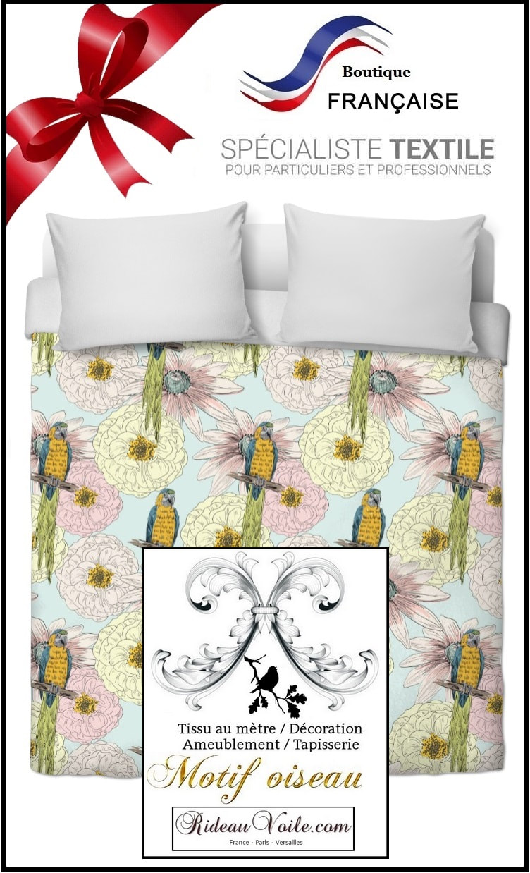 tissu housse de couette coton percale imprimé motif oiseau oiseaux fleur fleurs décoration chambre linge maison lit literie sur mesure comment achat boutique mètre