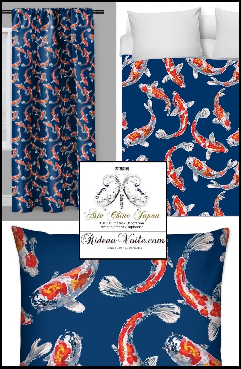 tissu décoration ameublement motif japonais carpes poisson koï haut de gamme luxe paris versailles exotique rideau confection sur mesure couette plaid coussin siège fauteuil tapisserie canapé