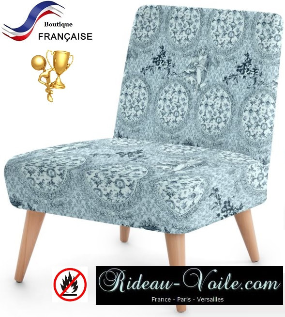 fauteuil bleu turquoise d'appoint siègeToile de Jouy tissu ameublement motif imprimé décoration tapisserie au mètre confection sur mesure