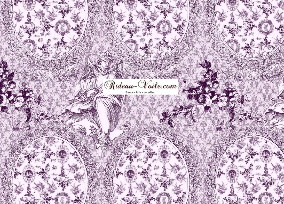 Toile de Jouy tissu ameublement motif imprimé décoration tapisserie au mètre confection sur mesure violet mauve