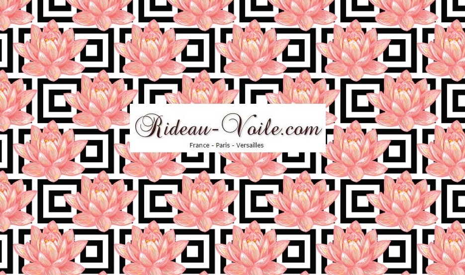 tissu textile au mètre carreaux noir lotuf rose asiatique boutique en ligne Paris France Versaille motif imprimé exotique tropical ethnique fleur plante oiseau feuille