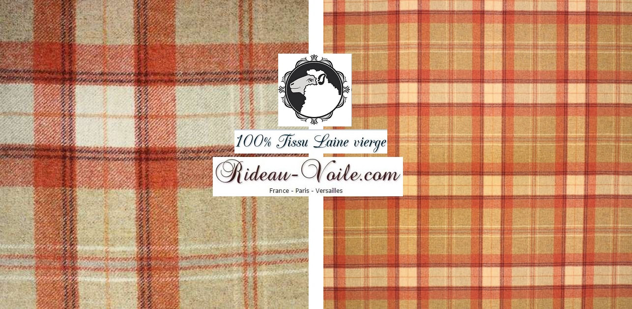 tissu rouge orange texture matière rideau plaid au mètre laine vierge ameublement décoration tenture sur mesure motif à carreaux tartan écossais 