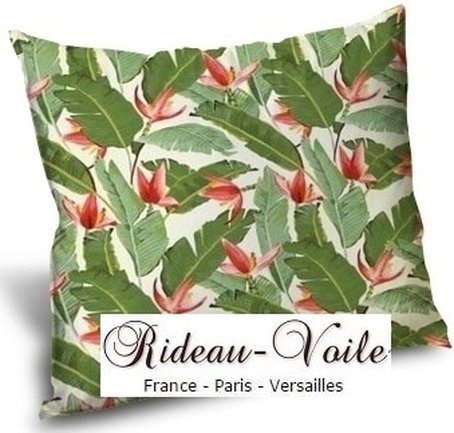 housse de coussin tissu textile au mètre boutique en ligne Paris France Versaille motif imprimé exotique tropical ethnique fleur plante oiseau feuille