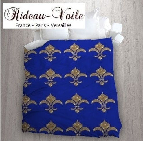 housse de couette luxe France Paris Versailles rideau tissu ameublement bleu vert motif fleur de Lys style Empire glitter drapes paillettes or doré couleur sur mesure au mètre