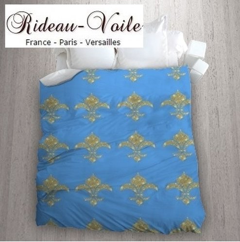 housse de couette luxe France Paris Versailles rideau tissu ameublement bleu vert motif fleur de Lys style Empire glitter drapes paillettes or doré couleur sur mesure au mètre