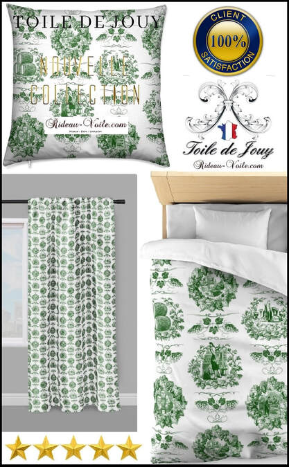 toile de jouy deco tissu rideau coussin couette ameublement intérieur tapisserie #toiledejouy #frenchfabrics #toiledejouyaumètre #curtain #green #vert