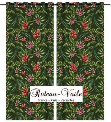 rideau tissu motif exotique tropical oiseau fleurs plante flamant perroquet ananas fruits