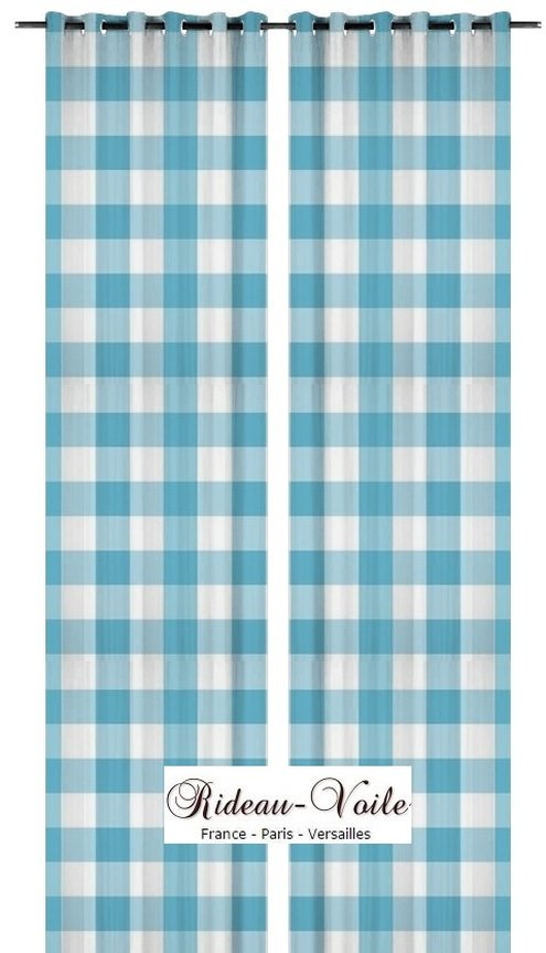 rideau rideaux motif imprimés grand larges carreaux carré bleu blanc vichy décoration au mètre textile ameublement tapisserie tapissier Paris Versailles turquoise