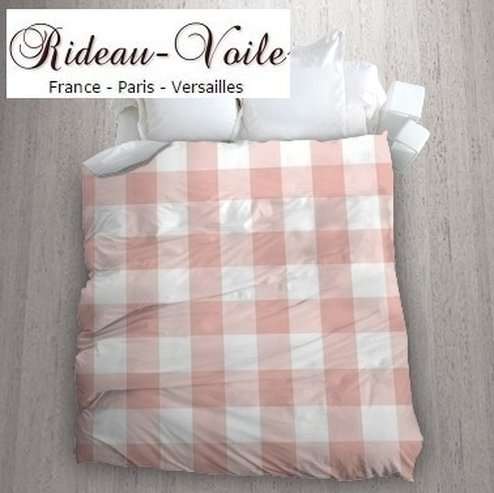 rose pastel couleur poudré literie luxe France  housse de couette tissu ameublement lit linge carreaux vichy blanc