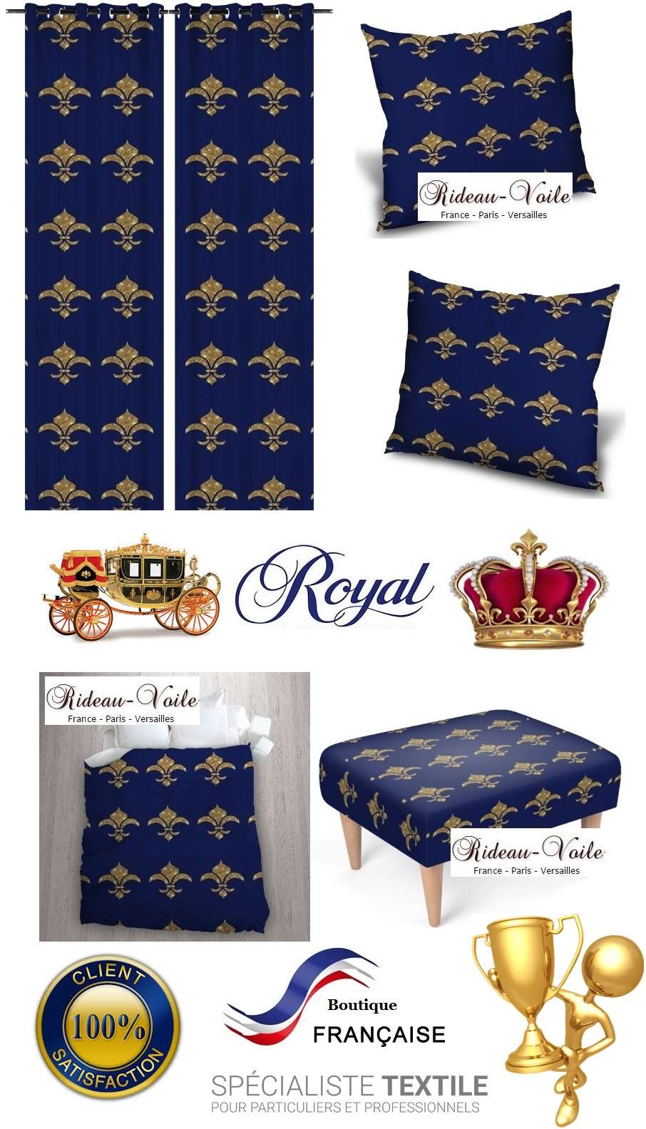 royal fauteuil siège rideau coussin tapisserie garnissage décoration décorateur style Empire fleur de lys or bleu déco luxe paris versailles