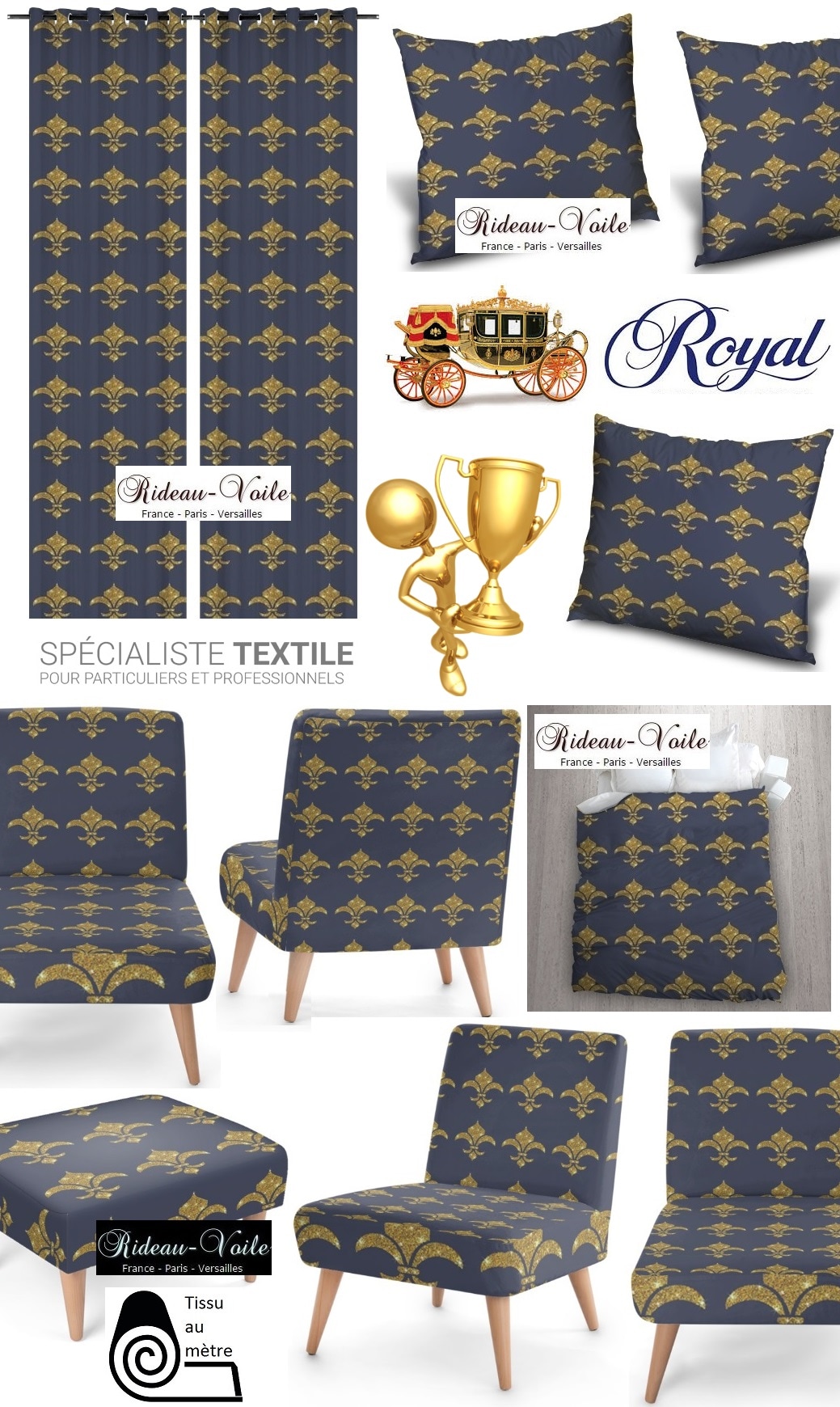 emblème royal fauteuil siège rideau coussin tapisserie garnissage décoration décorateur style Empire fleur de lys or bleu déco luxe Paris Versailles Quebec