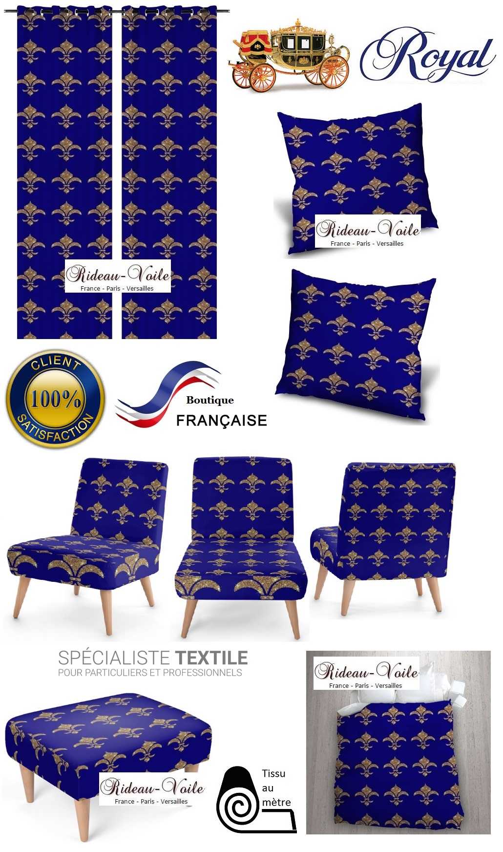 emblème royal fauteuil siège rideau coussin tapisserie garnissage décoration décorateur style Empire fleur de lys or bleu déco luxe Paris Versailles Quebec