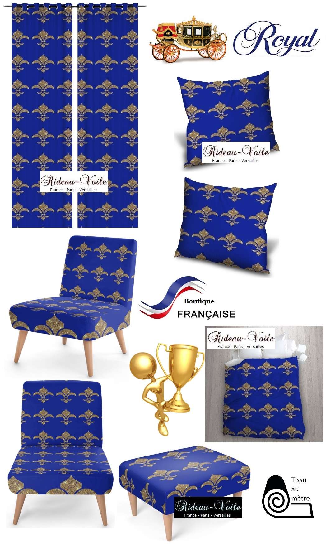 emblème fauteuil siège rideau coussin tapisserie garnissage décoration décorateur style Empire fleur de lys or bleu déco luxe paris versailles