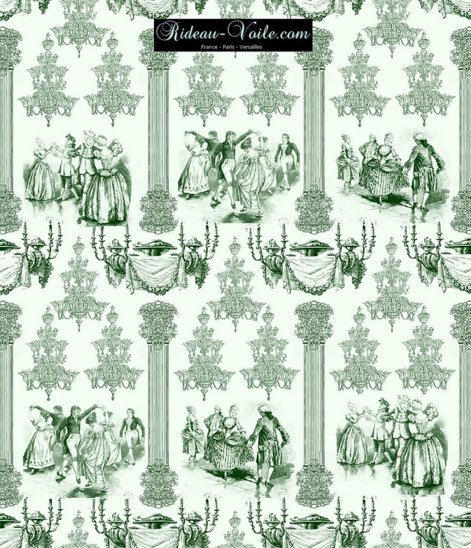 accessoire déco Paris Versailles tissu ameublement style Empire Toile de Jouy au mètre sur mesure rideau coussin couette abat-jour tapisserie décoration papier-peint vert