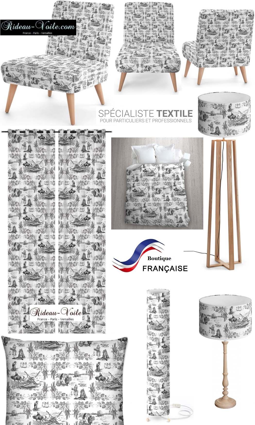 Boutique tissu au mètre Toile de Jouy ameublement décoration textile rideau, 