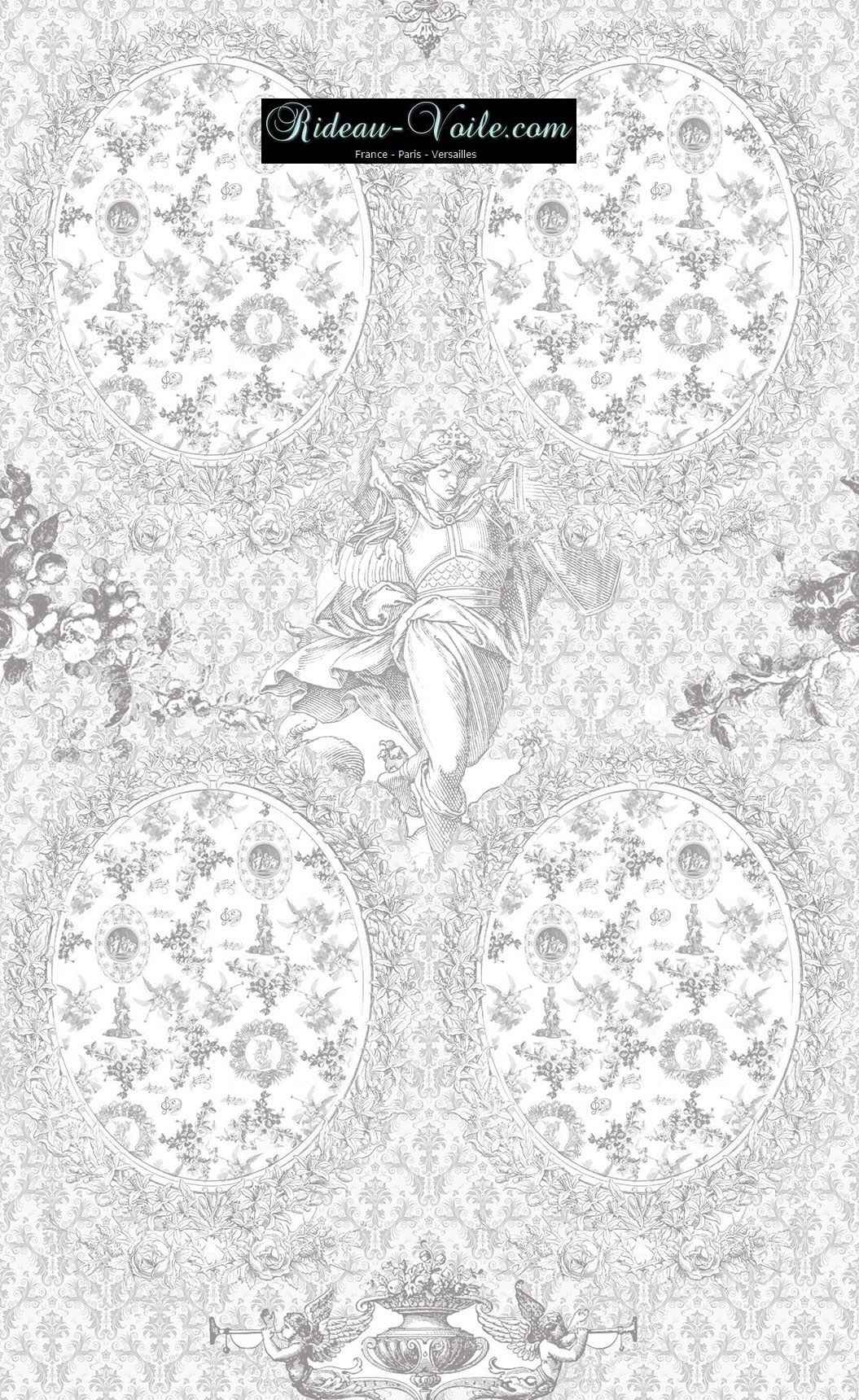 Toile de Jouy tissu ameublement motif imprimé décoration tapisserie au mètre confection sur mesure gris clair