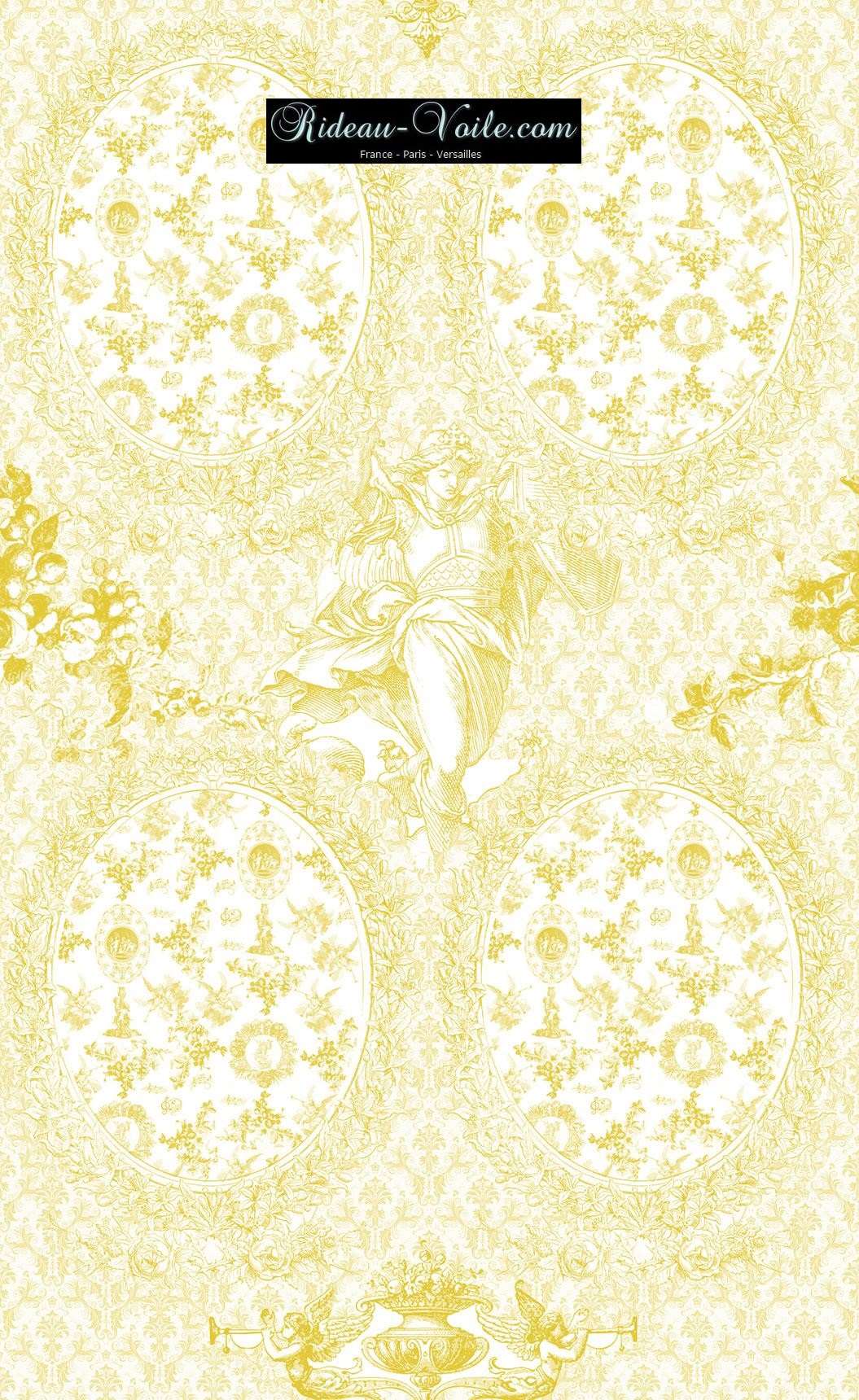 Toile de Jouy tissu ameublement motif imprimé décoration tapisserie au mètre confection sur mesure jaune