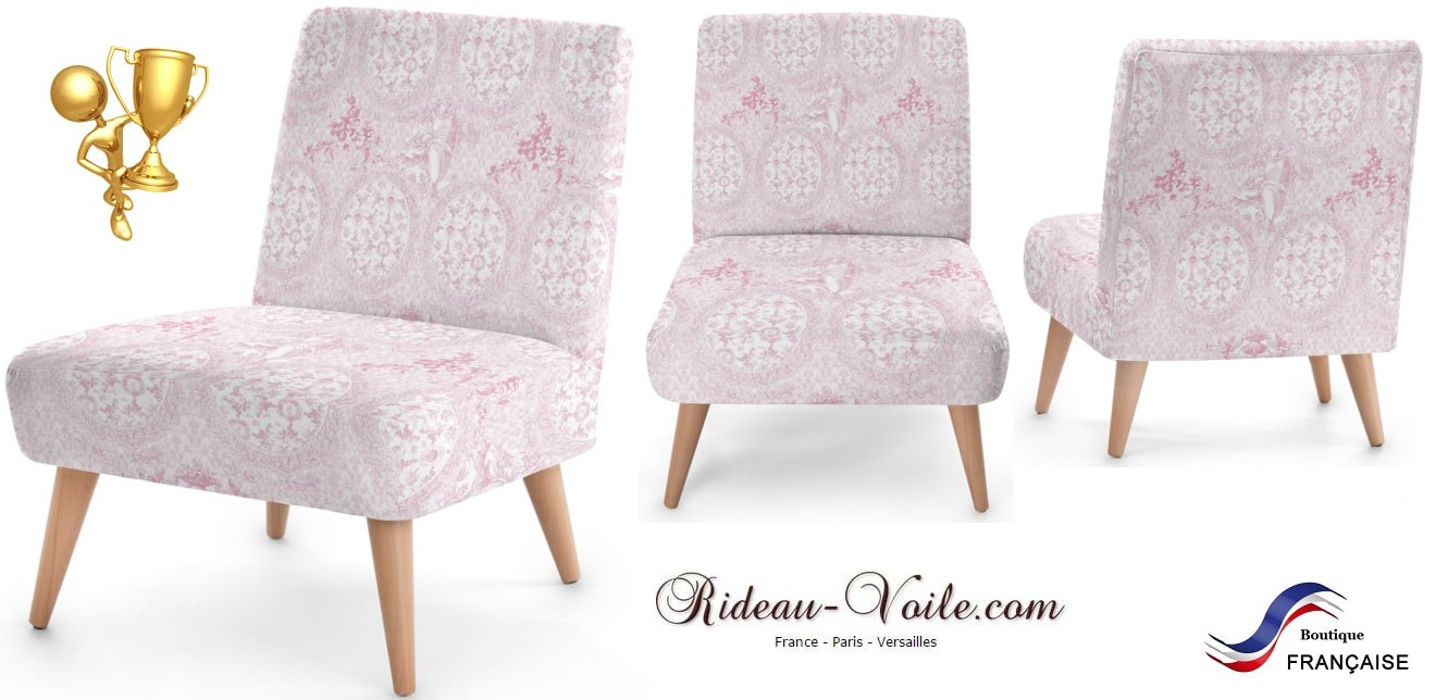 Toile de Jouy tissu ameublement motif imprimé décoration tapisserie au mètre confection sur mesure siège fauteuil d'appoint rose