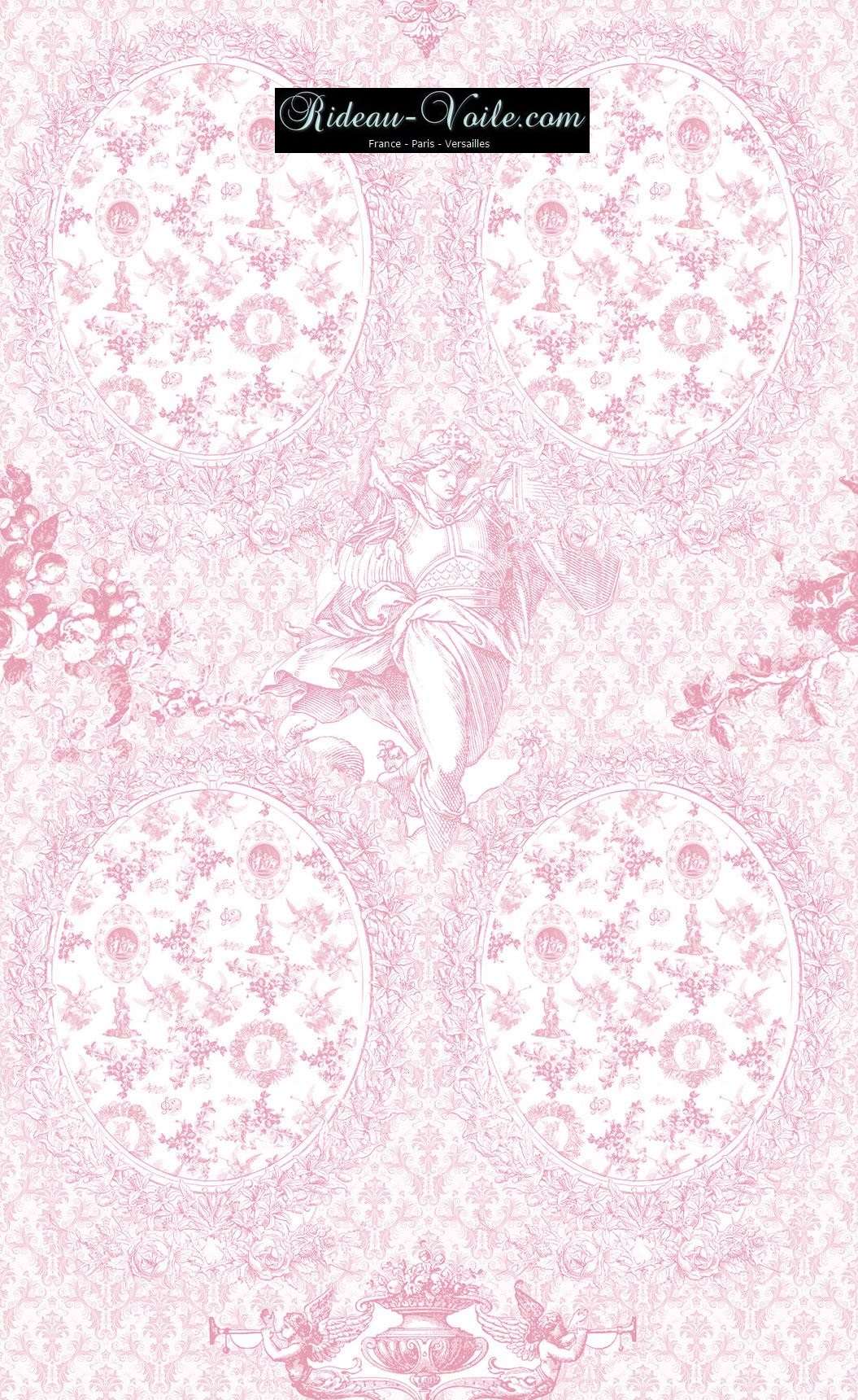 Toile de Jouy tissu ameublement motif imprimé décoration tapisserie au mètre confection sur mesure rose