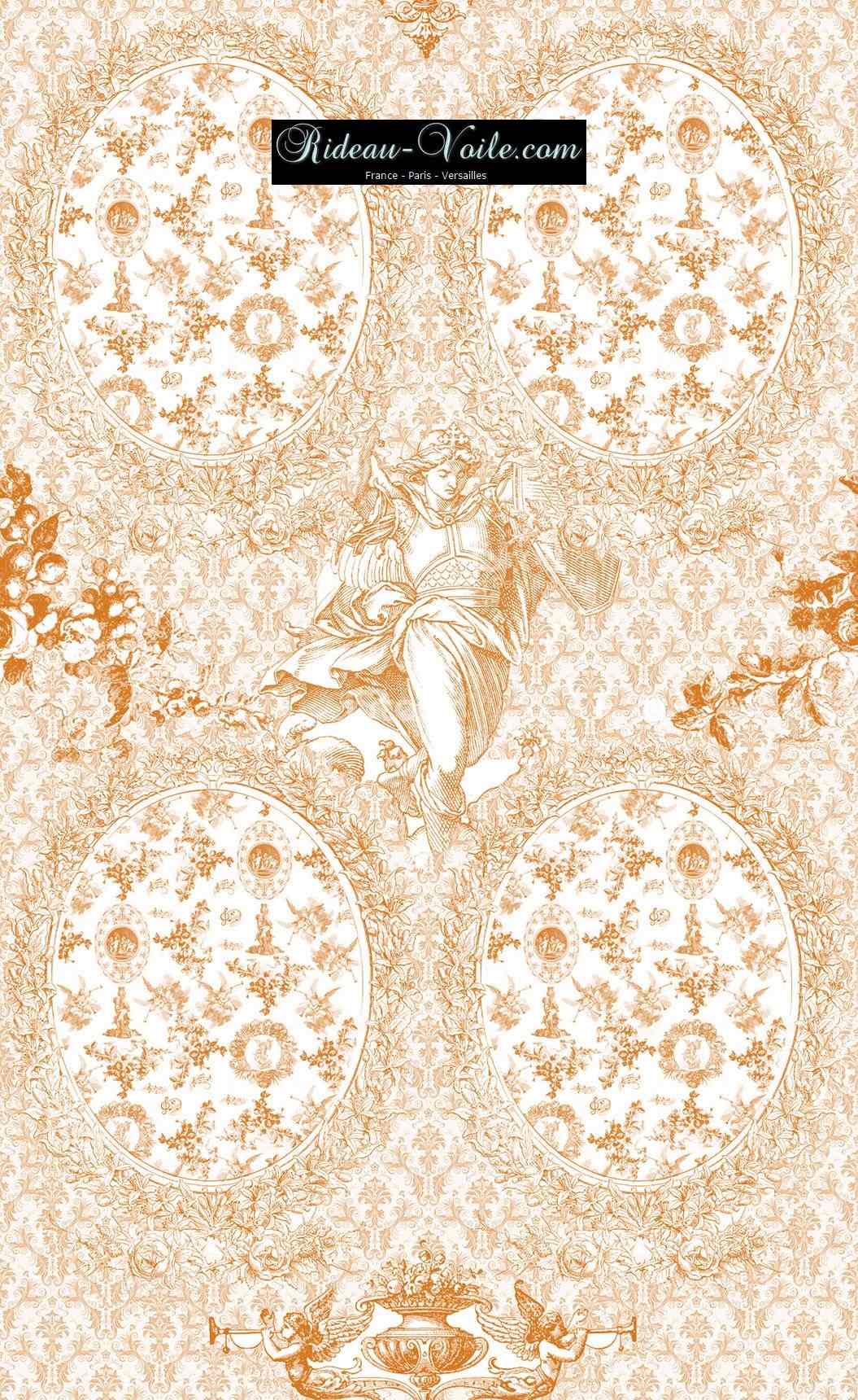 Toile de Jouy tissu ameublement motif imprimé décoration tapisserie au mètre confection sur mesure orange