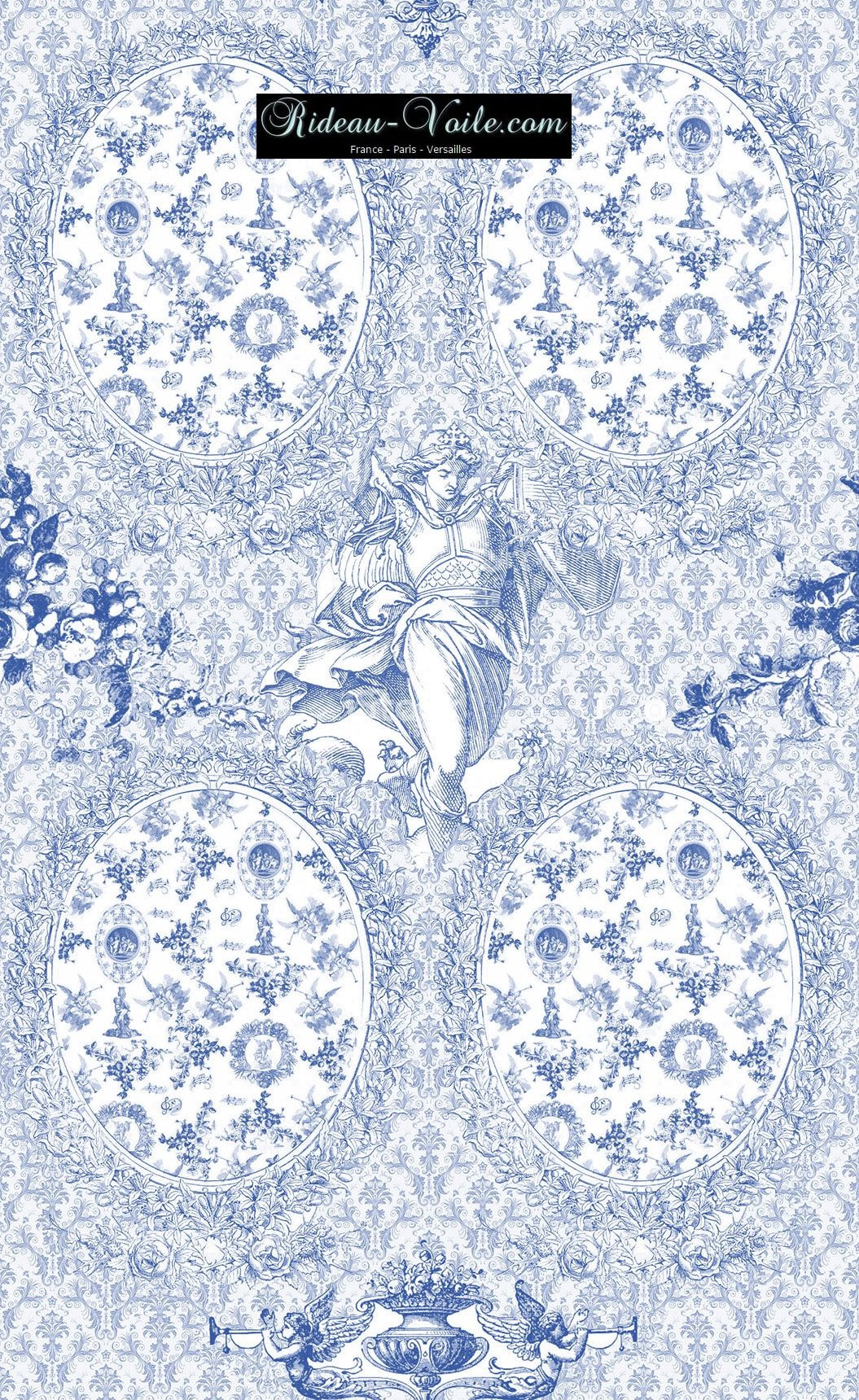 Toile de Jouy tissu ameublement motif imprimé décoration tapisserie au mètre confection sur mesure bleu clair