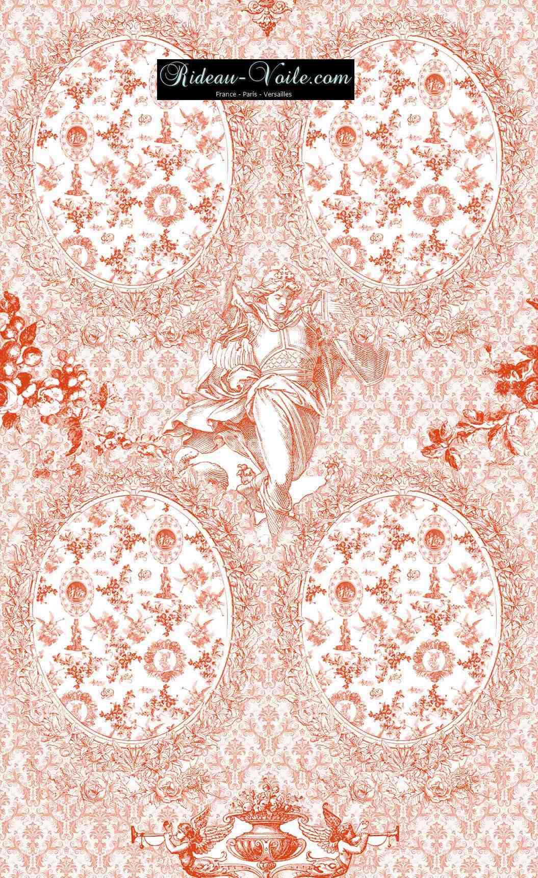 Toile de Jouy tissu ameublement motif imprimé décoration tapisserie au mètre confection sur mesure orange