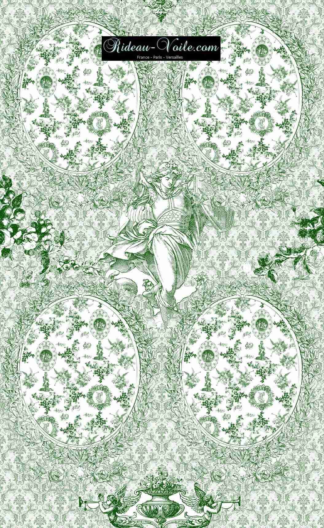 Toile de Jouy tissu ameublement motif imprimé décoration tapisserie au mètre confection sur mesure floral fleuri vert