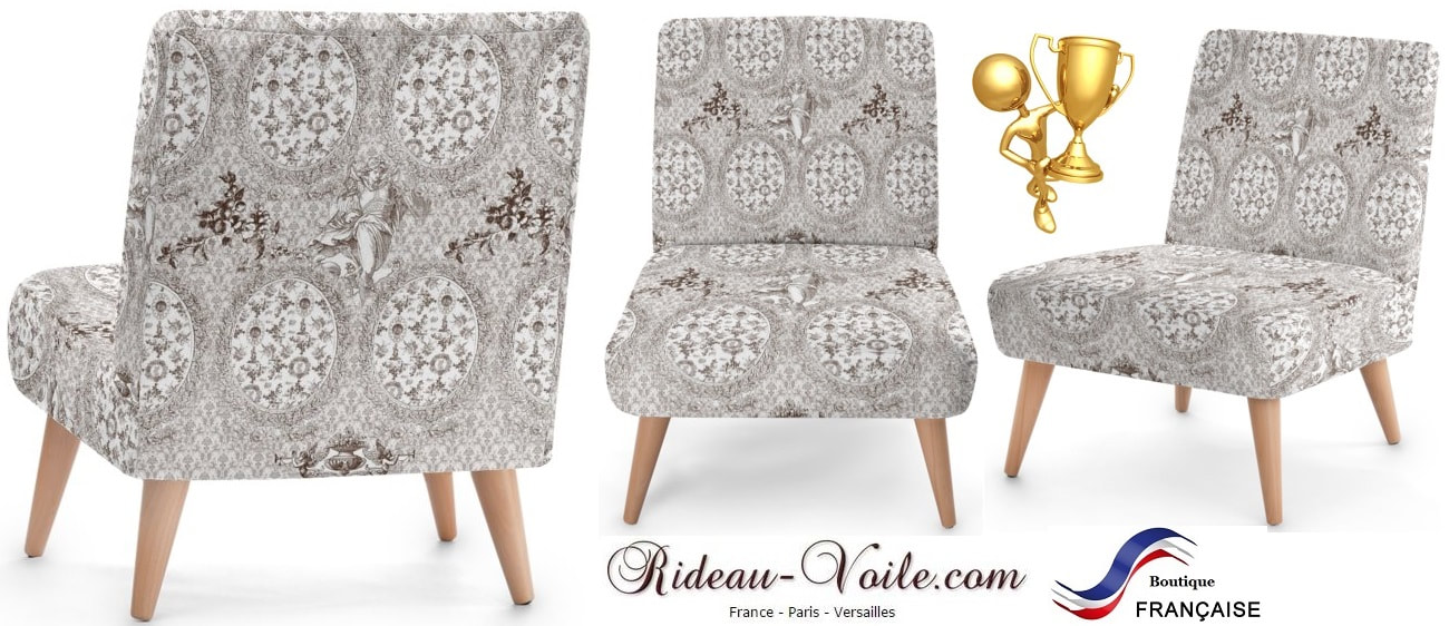 Toile de Jouy tissu ameublement motif imprimé décoration tapisserie au mètre confection sur mesure fauteuil siège d'appoint marron cabinet