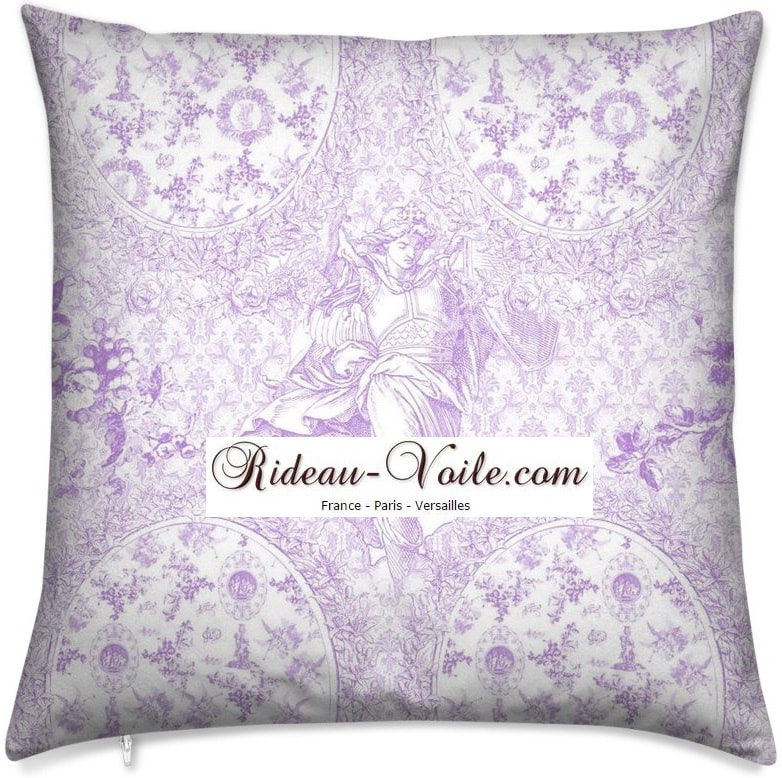 Toile de Jouy tissu ameublement motif imprimé décoration tapisserie au mètre confection sur mesure housse coussin violet lilas