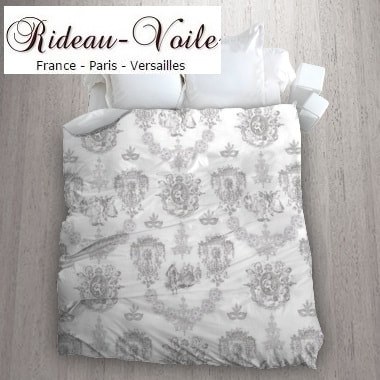 gris housse de couette tissu imprimé Toile de Jouy linge de maison accessoire literie sur mesure haut gamme Paris Versailles en ligne au mètre
