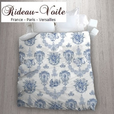 housse de couette tissu imprimé Toile de Jouy linge de maison accessoire literie sur mesure haut gamme Paris Versailles en ligne au mètre bleu