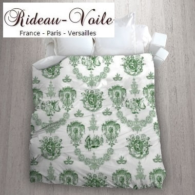 vert émeraude housse de couette tissu imprimé Toile de Jouy linge de maison accessoire literie sur mesure haut gamme Paris Versailles en ligne au mètre