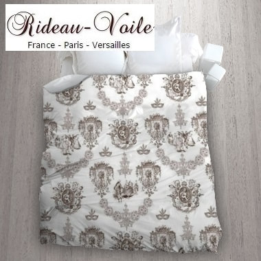 housse de couette tissu imprimé Toile de Jouy linge de maison accessoire literie sur mesure haut gamme Paris Versailles en ligne au mètre marron