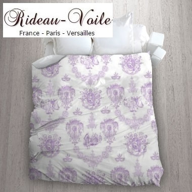violet housse de couette tissu imprimé Toile de Jouy linge de maison accessoire literie sur mesure haut gamme Paris Versailles en ligne au mètre