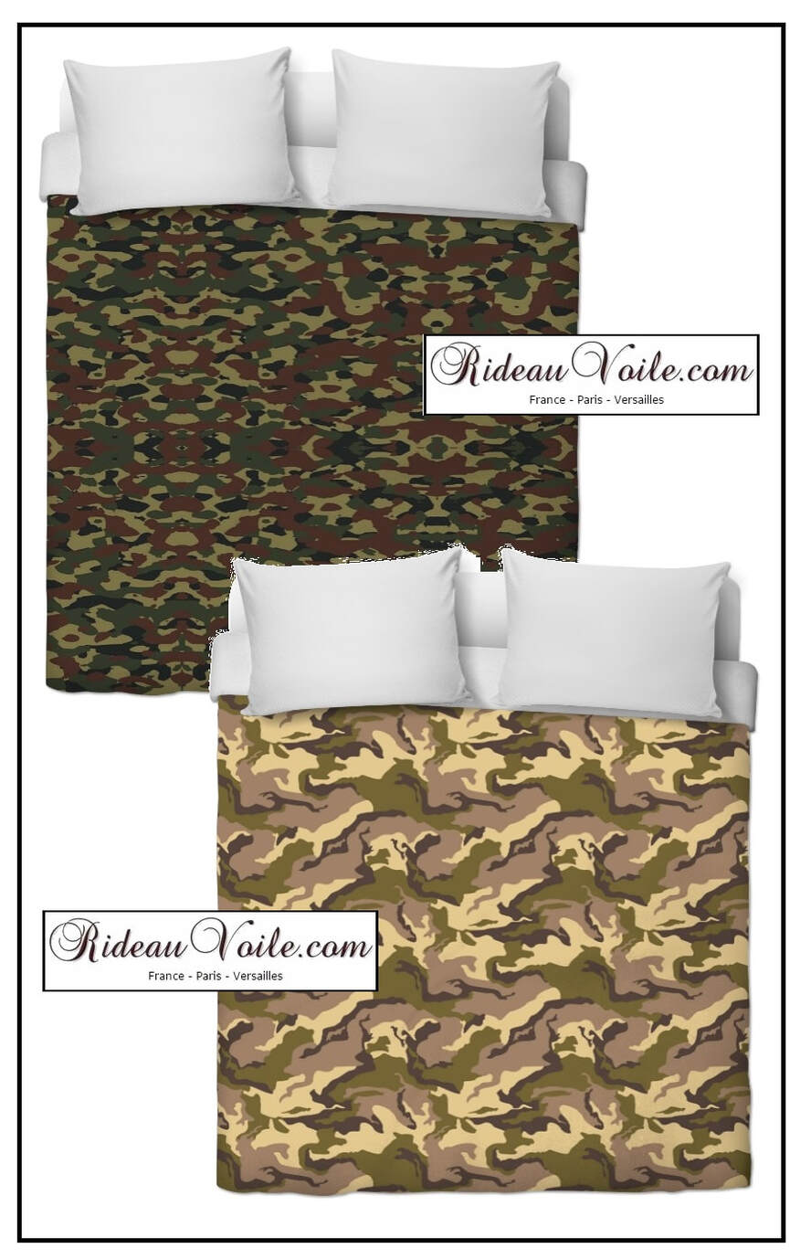 couette duvet coussin housse sur mesure tissu camouflage militaire décoration fauteuil tapisserie luxe Paris Versailles France